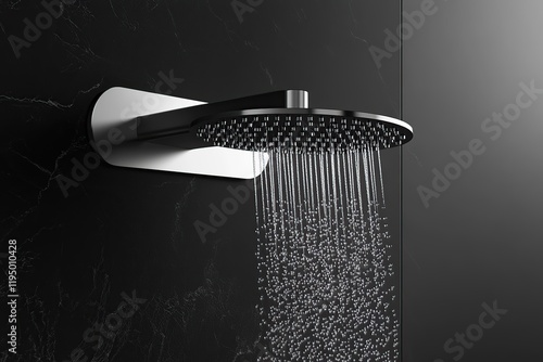 Round showerhead with flowing water in bathroom photo