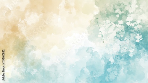 Spring design featuring cherry blossoms in full bloom on a pastel blue and soft yellow watercolor background. Detailed cherry blossoms, with subtle gradations and soft light around the petals.