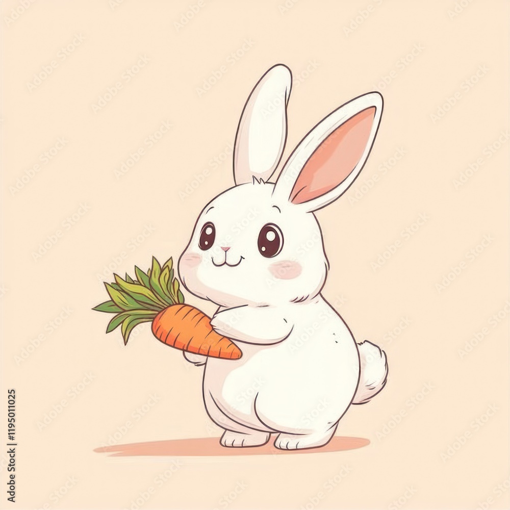 Fototapeta premium Cute white bunny holding carrot; pastel background; Easter greeting card