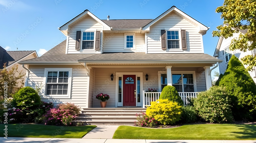 Fototapeta premium Luxury Family Home Exterior: Modern Architectural Design, Landscaping, and Spacious Porch