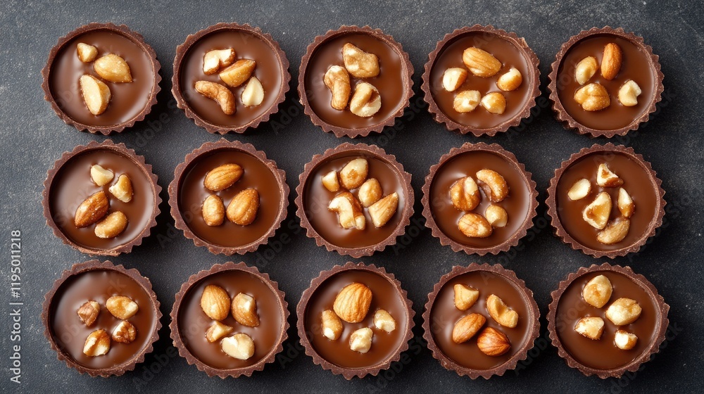 Chocolate candies with caramel and nut toppings aligned symmetrically on a dark background, top view. Chocolate candies with caramel and nut toppings aligned symmetrically on a dark background, top view.