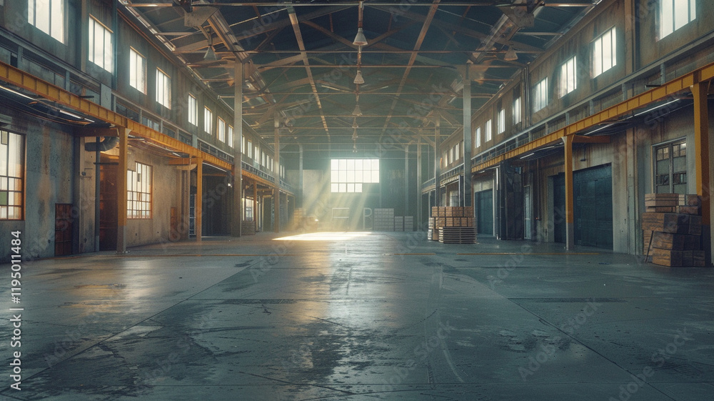 This large, vacant warehouse features soaring ceilings, bare concrete floors, and visible beams, evoking a sense of urban desolation. This large, vacant warehouse features soaring ceilings, bare concrete floors, and visible beams, evoking a sense of urban desolation.