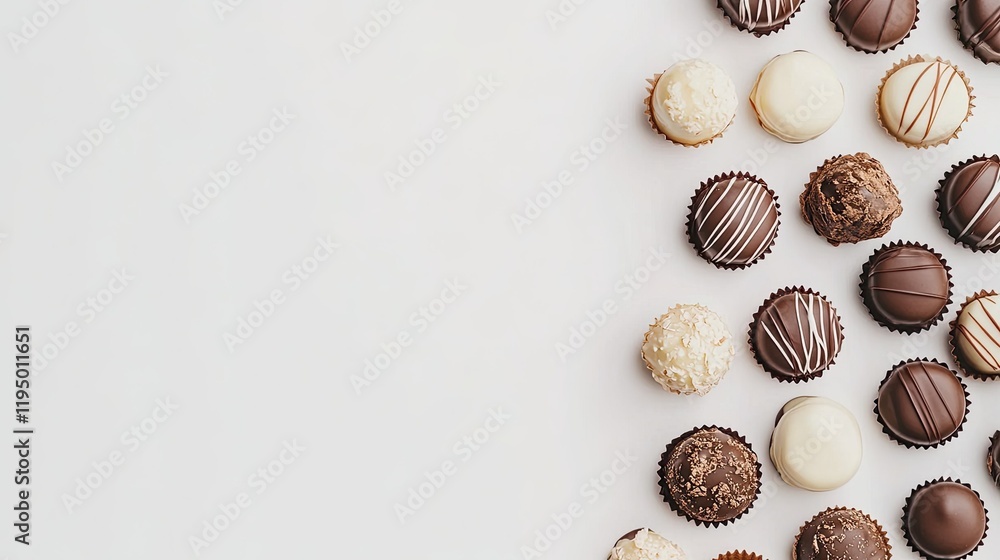 Close-up top view of assorted chocolates arranged on a clean white background, perfect for food-themed designs, ample copy space Close-up top view of assorted chocolates arranged on a clean white background, perfect for food-themed designs, ample copy space