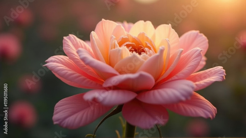 Blossoming pink rose in a sunlit garden during early morning hours