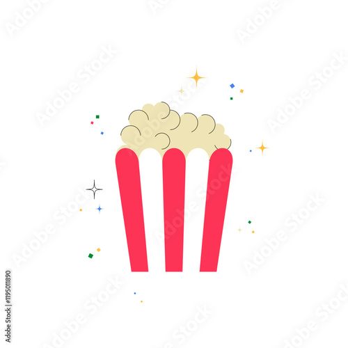 Popcorn Tub With Sparkles In Flat Vector Illustration Symbolizing Entertainment, Movies, And Snacks, Isolated On White Background
