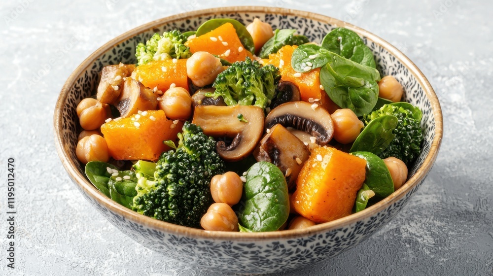 healthy vegan lunch bowl with Avocado, mushrooms, broccoli, spinach, chickpeas, pumpkin on a light background. vegetables salad. Top view. healthy vegan lunch bowl with Avocado, mushrooms, broccoli, spinach, chickpeas, pumpkin on a light background. vegetables salad. Top view.
