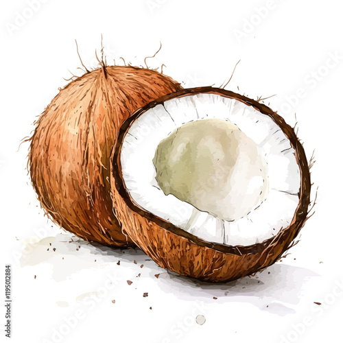 A watercolor of Coconut, isolated on a white background. Coconut vector.
