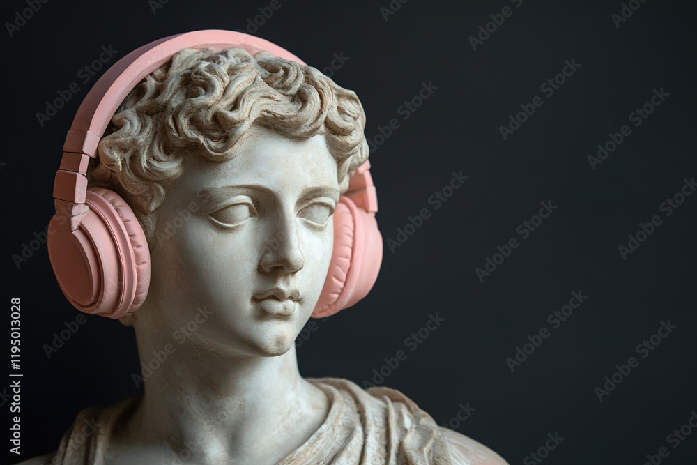 close-up greek antique male sculpture in large pink headphones on black background with copy space close-up greek antique male sculpture in large pink headphones on black background with copy space