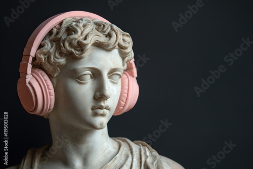 close-up greek antique male sculpture in large pink headphones on black background with copy space