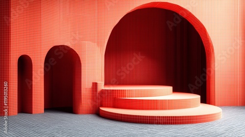 Abstract Minimalist Architecture:  A bold and modern composition features a series of three arches and a stepped platform all rendered in a vibrant coral hue against a backdrop of grey. photo