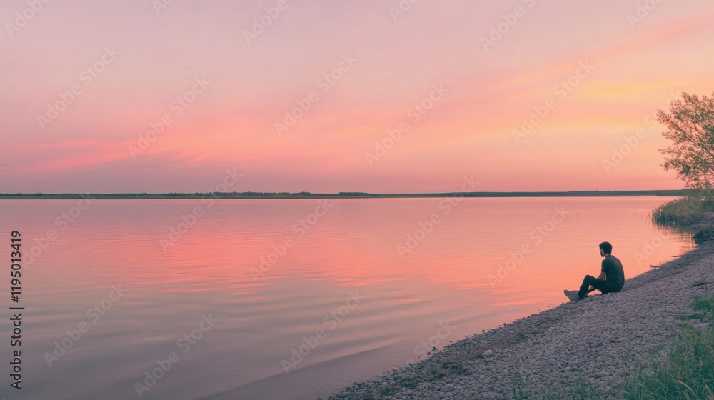 Man sitting on the seashore watching the sunset. He is sitting on the sand. The sea is calm
Man sitting on the seashore watching the sunset. He is sitting on the sand. The sea is calm