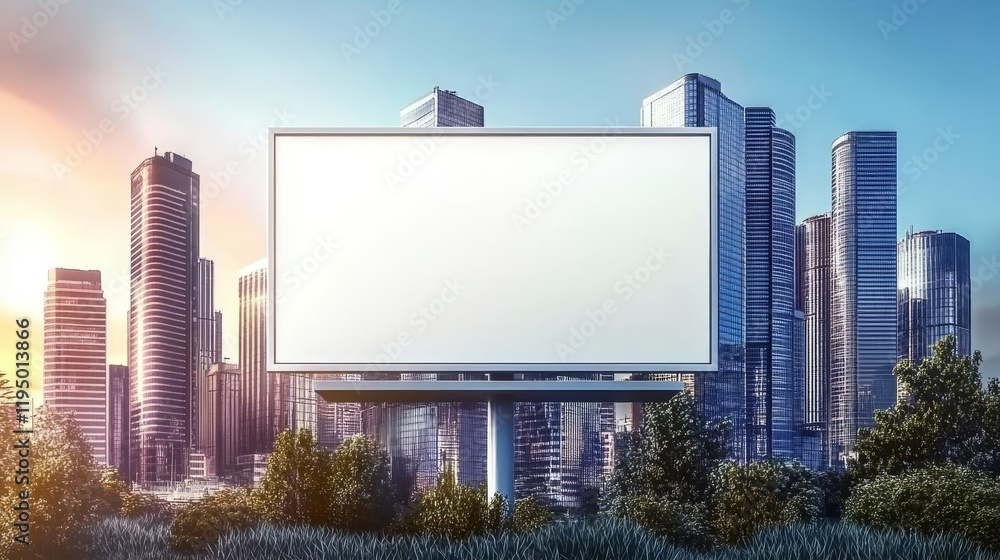 Modern Cityscape With Empty Billboard, Skyscrapers, And Sunset, Ideal For Advertising Modern Cityscape With Empty Billboard, Skyscrapers, And Sunset, Ideal For Advertising