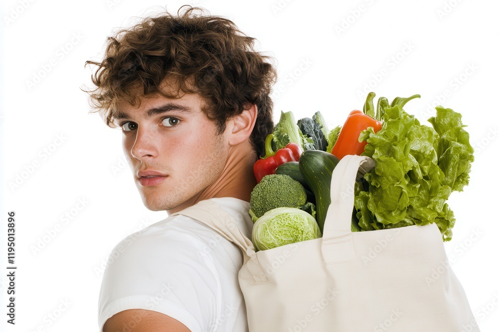 Young man carrying a tote bag filled with fresh vegetables, showcasing a healthy lifestyle and enthusiasm for nutrition, ideal for food or wellness projects Young man carrying a tote bag filled with fresh vegetables, showcasing a healthy lifestyle and enthusiasm for nutrition, ideal for food or wellness projects