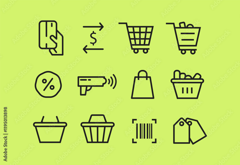 icon set of shopping,shopping cart,barcode,scanning,shopping bag,basket,tag,discount and etc. Thin line icons flat vector illustrations icon set of shopping,shopping cart,barcode,scanning,shopping bag,basket,tag,discount and etc. Thin line icons flat vector illustrations