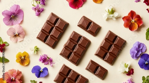 Flat lay of milk chocolate pieces with edible flowers like jasmine and pansies, laid out artistically on a soft cream-colored backdrop. photo