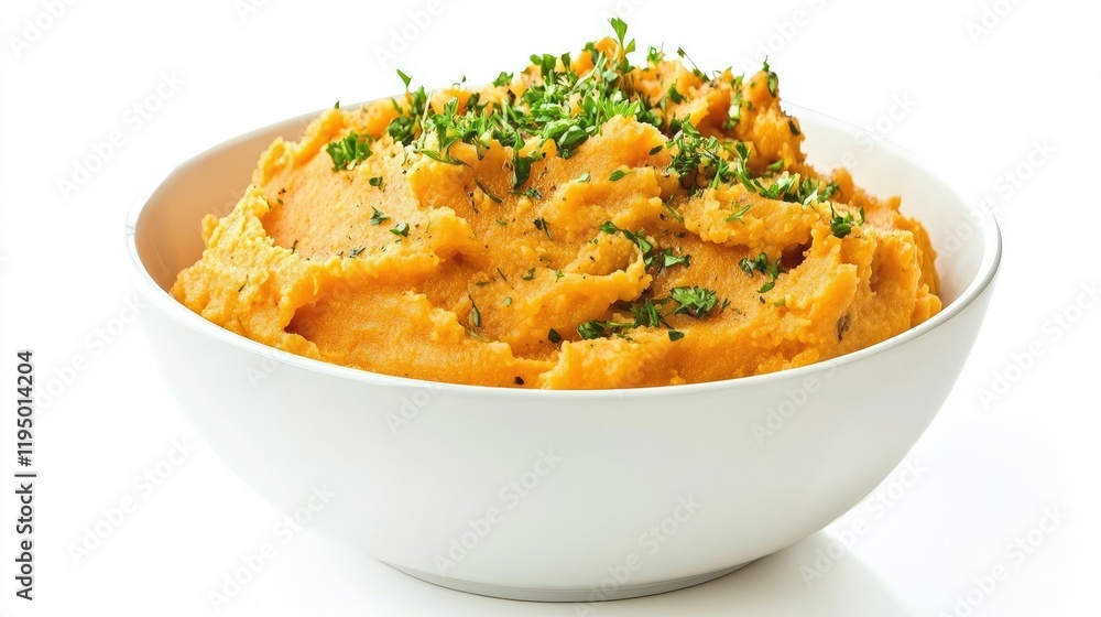 Delicious mashed sweet potatoes with fresh herbs in a white bowl, isolated against a clean white background Delicious mashed sweet potatoes with fresh herbs in a white bowl, isolated against a clean white background
