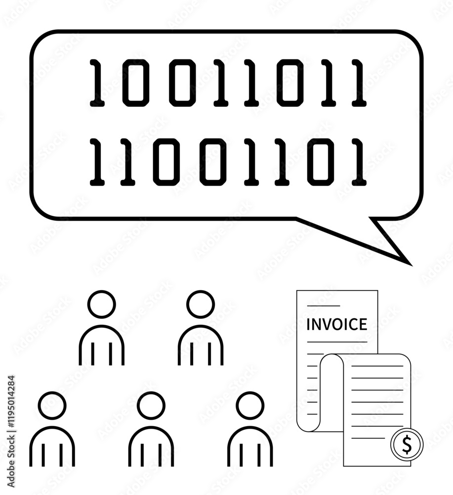 Binary code inside speech bubble five person icons, two invoice sheets with dollar coin. Ideal for business communication, coding, teamwork, billing, technology, finance, data exchange. Line Binary code inside speech bubble five person icons, two invoice sheets with dollar coin. Ideal for business communication, coding, teamwork, billing, technology, finance, data exchange. Line