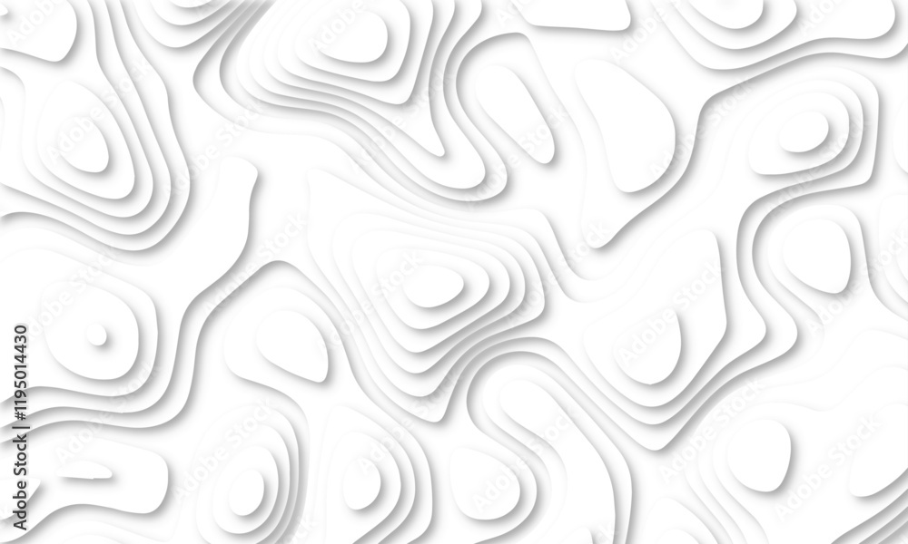 Abstract 3d wavy line paper cut white background. Topographic canyon geometric map relief texture with curved layers and shadow. Abstract 3d wavy line paper cut white background. Topographic canyon geometric map relief texture with curved layers and shadow.