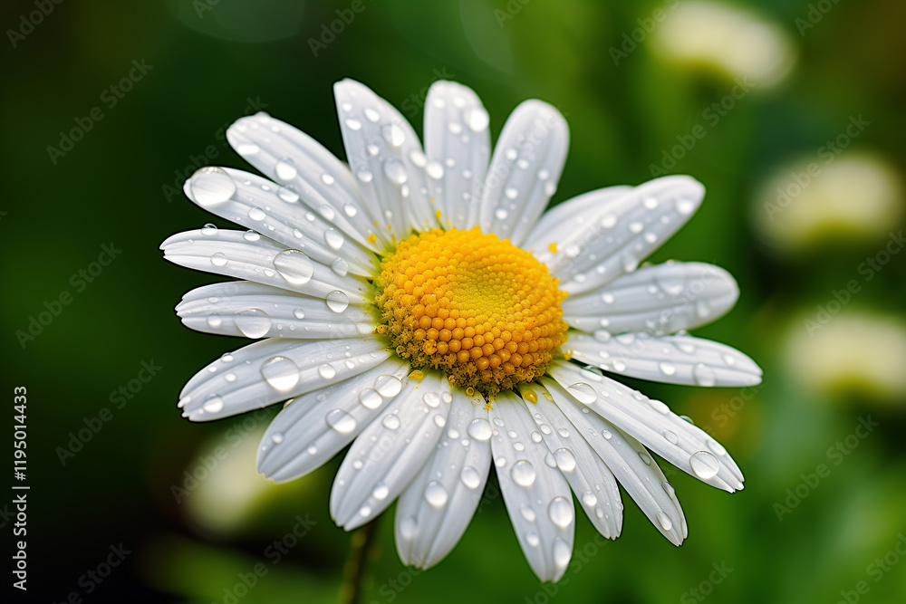 Fototapeta premium A fresh daisy adorned with dew captures the essence of morning in lush green surroundings