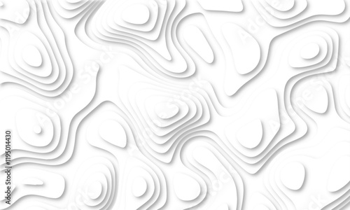 Abstract 3d wavy line paper cut white background. Topographic canyon geometric map relief texture with curved layers and shadow.	