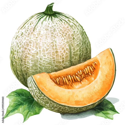 A watercolor illustration of Cantaloupe, isolated on a white background. Cantaloupe vector.

