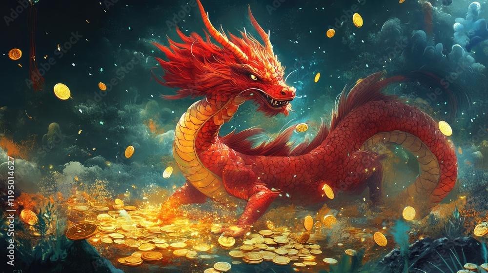 A vibrant red dragon surrounded by sparkling gold coins, representing prosperity and wealth in a rich, fantastical landscape. A vibrant red dragon surrounded by sparkling gold coins, representing prosperity and wealth in a rich, fantastical landscape.