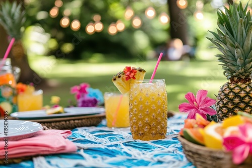 Enjoying tropical drinks and fresh pineapples at a summer picnic in a lush green garden. Generative AI