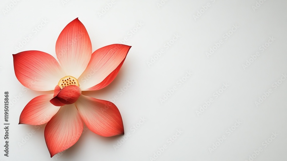 Fototapeta premium Elegant lotus flower from above, its petals perfectly arranged on a white surface, leaving space for text or design elements