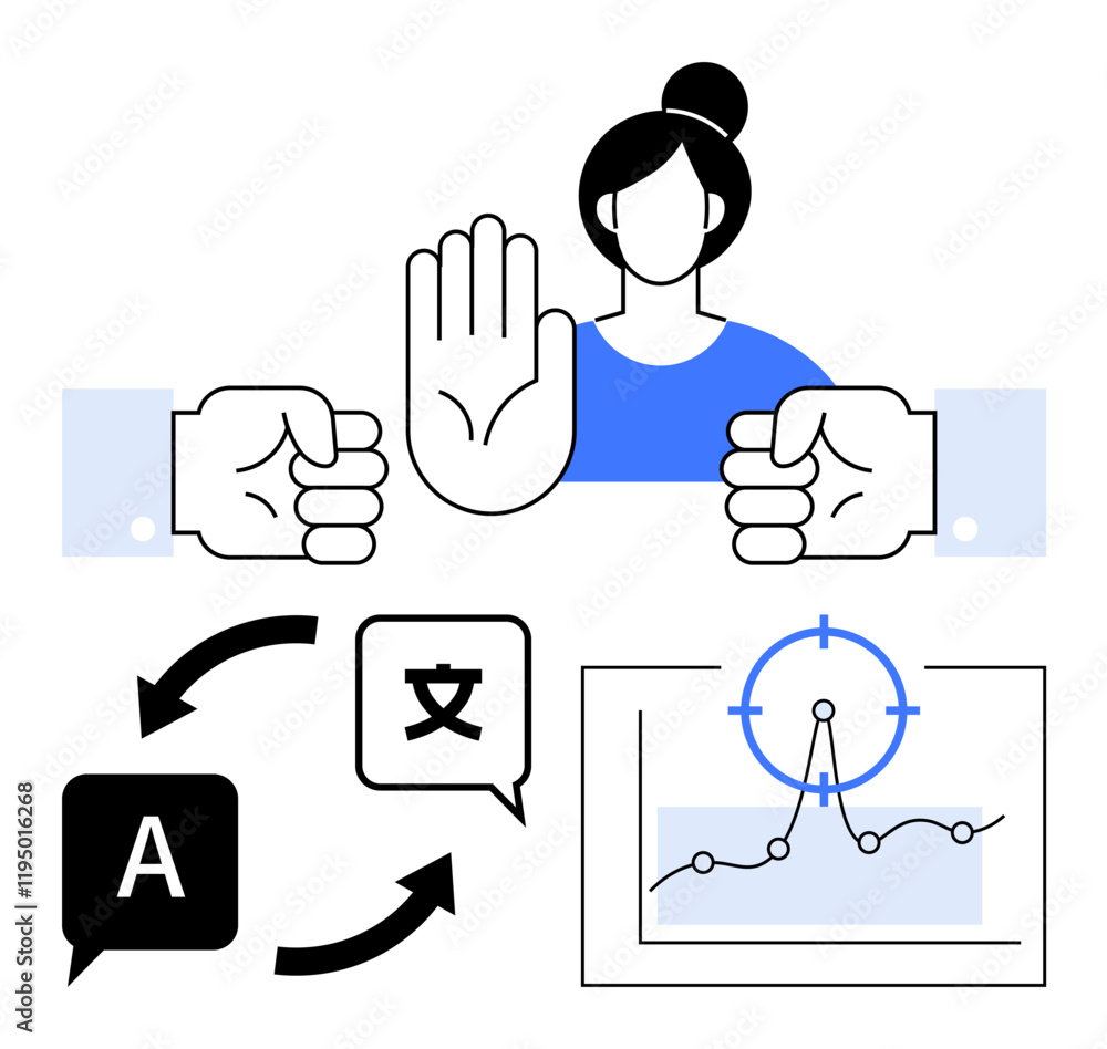 Obraz premium Woman holding up hand to refuse, two clenched fists, arrows for language translation, chart with a target point. Ideal for communication, decision-making, conflict resolution, analytics