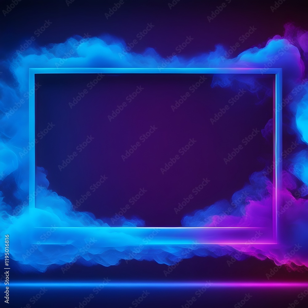 Naklejka premium Abstract blue Neon light 3d Frame with Colorful Smoke Background