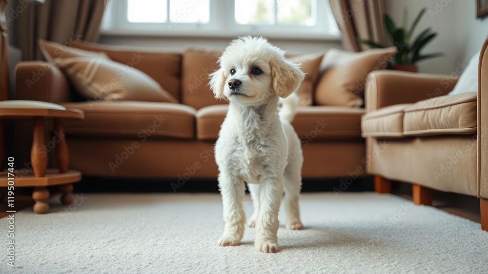 A small white poodle stands quietly observing the surroundings in a cozy living room with plush furniture, window, animal A small white poodle stands quietly observing the surroundings in a cozy living room with plush furniture, window, animal