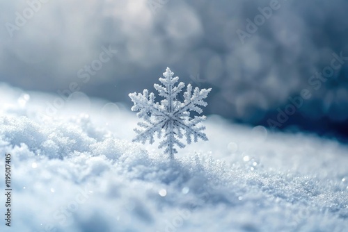 A small white snowflake gently falling in slow motion on a white surface, natural wonder, intricate patterns, frosty air, movement, white texture photo