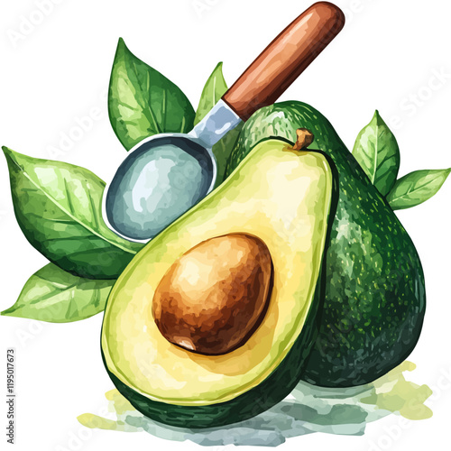 A watercolor vector of an Avocado, isolated on a white background. Avocado vector.
