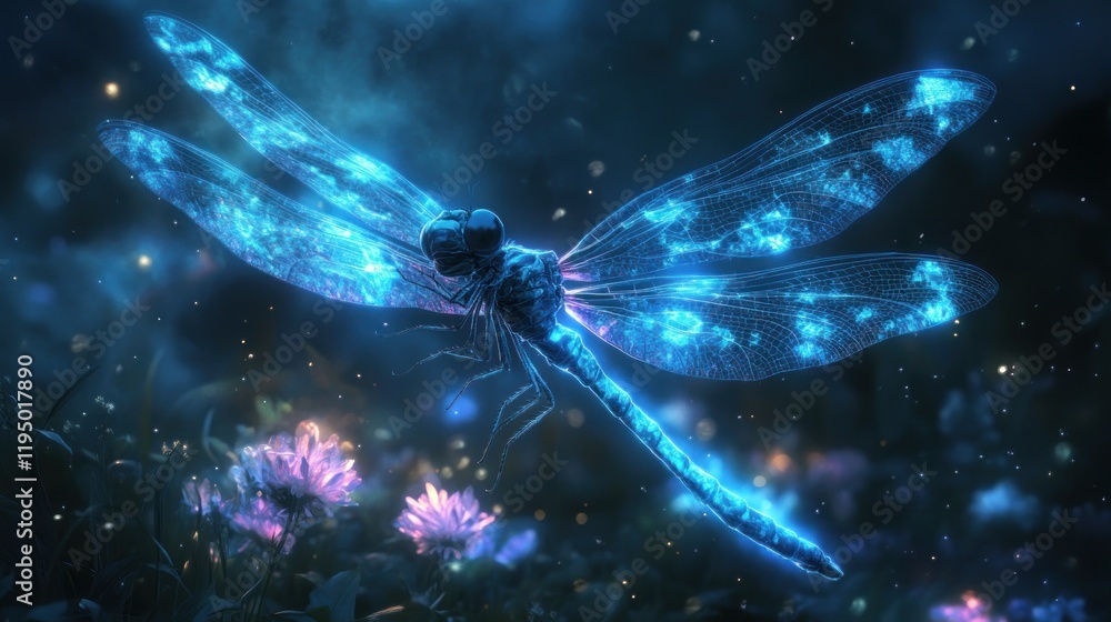 A glowing dragonfly amidst ethereal flowers in a mystical environment. A glowing dragonfly amidst ethereal flowers in a mystical environment.