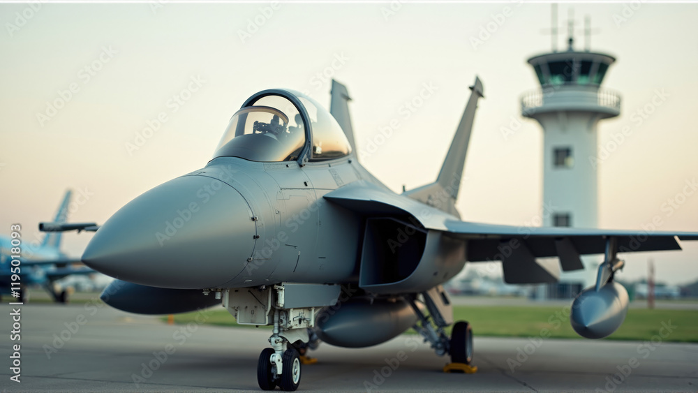 Fighter jet stationed at airfield during golden hour, showcasing advanced military technology and engineering Fighter jet stationed at airfield during golden hour, showcasing advanced military technology and engineering