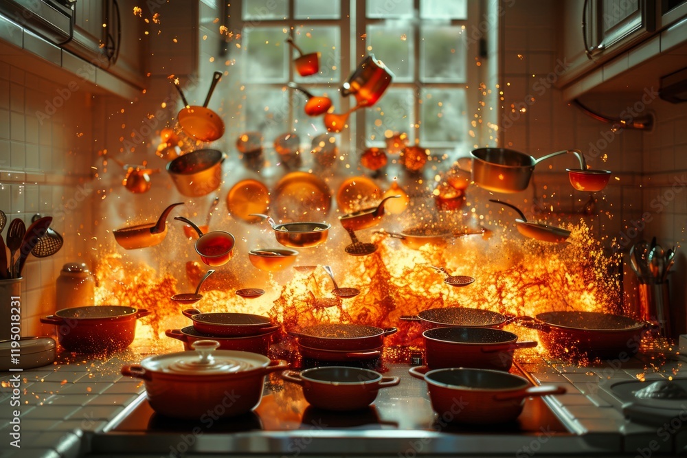 Pots and pans flying in a chaotic kitchen eruption with flames and water splashing during cooking Pots and pans flying in a chaotic kitchen eruption with flames and water splashing during cooking