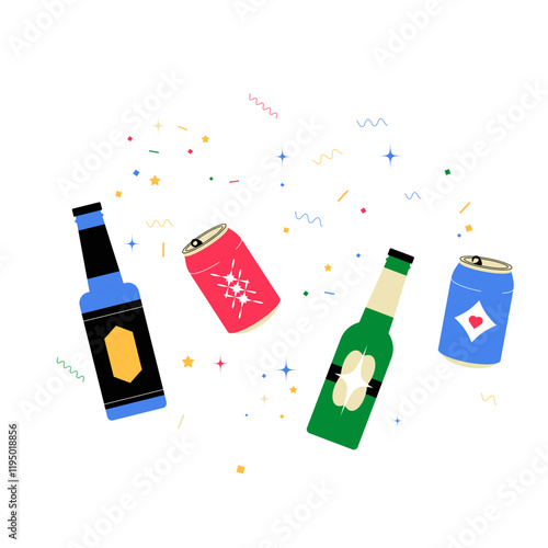 Assorted Beverage Bottles With Confetti In Flat Vector Illustration Symbolizing Party, Celebration, And Refreshments, Isolated On White Background