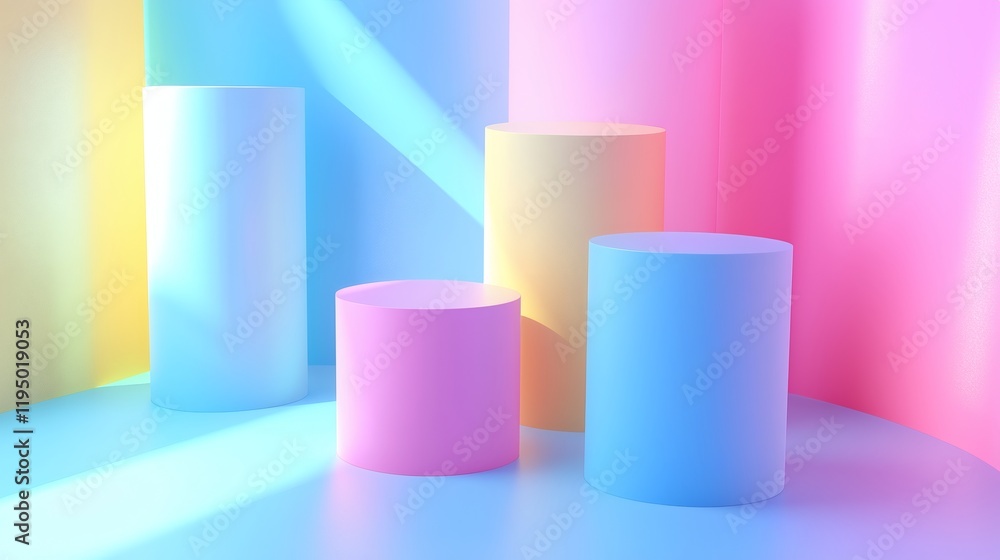 Pastel Dream: A minimalist 3D rendering of pastel-colored cylinders illuminated by a soft, diffused light, creating an ethereal and dreamy backdrop for product displays. Pastel Dream: A minimalist 3D rendering of pastel-colored cylinders illuminated by a soft, diffused light, creating an ethereal and dreamy backdrop for product displays.