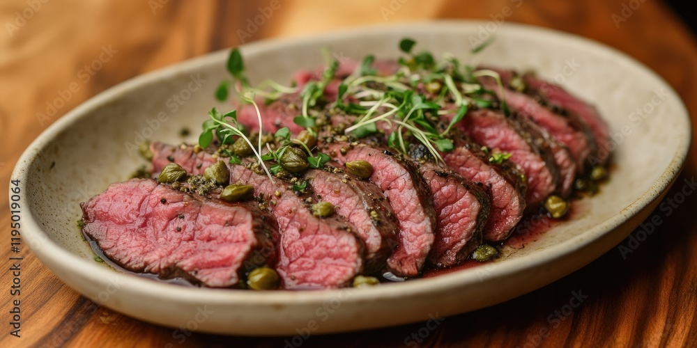 Thinly sliced sous vide beef garnished with capers and microgreens on an oval dish, featuring pink and green hues on a wooden surface. Thinly sliced sous vide beef garnished with capers and microgreens on an oval dish, featuring pink and green hues on a wooden surface.