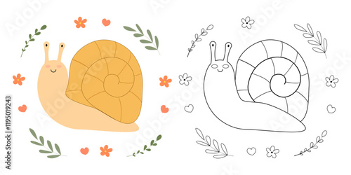 Coloring page of cute smiling snail. Funny insects. Vector illustration. Сhildren's coloring book with color example. Outline coloring page for kids.