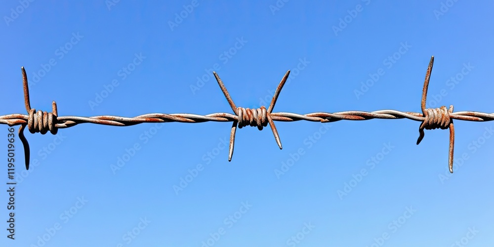 Barbed wire line against a clear blue sky with uninterrupted space for text and design elements highlighting the stark contrast in colors Barbed wire line against a clear blue sky with uninterrupted space for text and design elements highlighting the stark contrast in colors