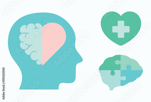 Mental health, medicine, doctor, treatment, world day. Heart, brain, healthy, love. Hospital, clinic, care. Psychology, emotion, mind, intelligence, well-being. Set, vector, icon