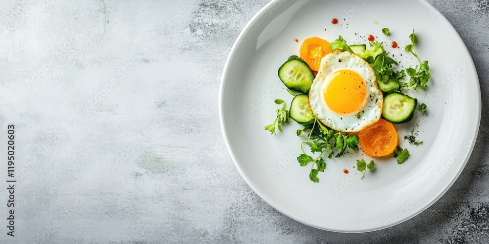 Bitter melon and cucumber salad topped with a fried egg on a white plate against a textured gray backdrop with ample space for text on the right Bitter melon and cucumber salad topped with a fried egg on a white plate against a textured gray backdrop with ample space for text on the right