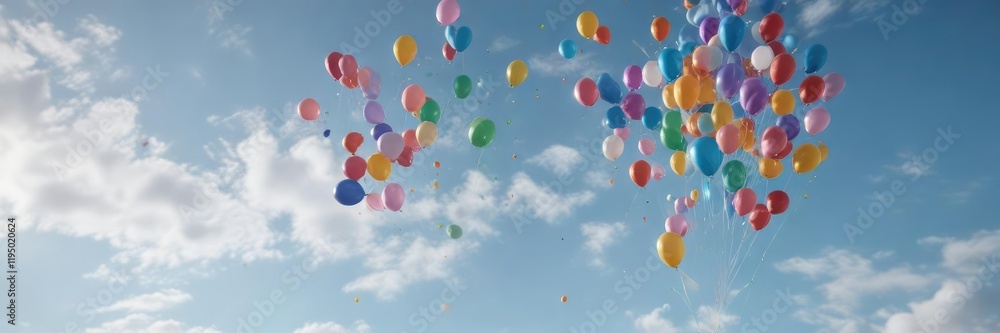 A bunch of balloons in different colors are blowing upwards towards the sky amidst gentle breeze, airy, breeze A bunch of balloons in different colors are blowing upwards towards the sky amidst gentle breeze, airy, breeze