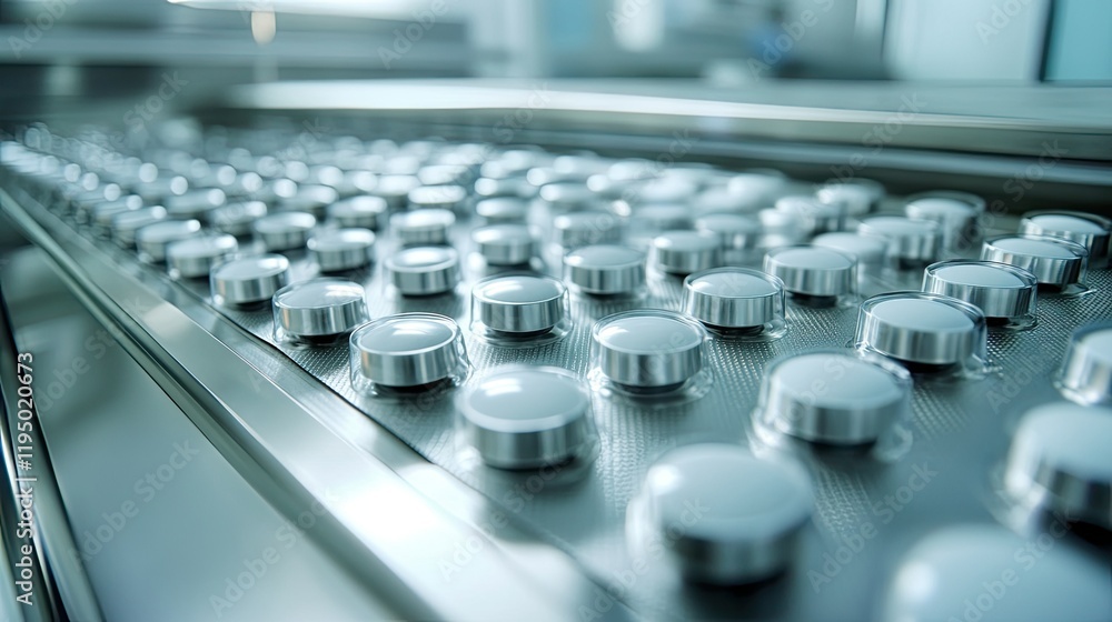 Obraz premium Modern tablet press machine in a sterile pharmaceutical production unit, shiny metallic details and copy space