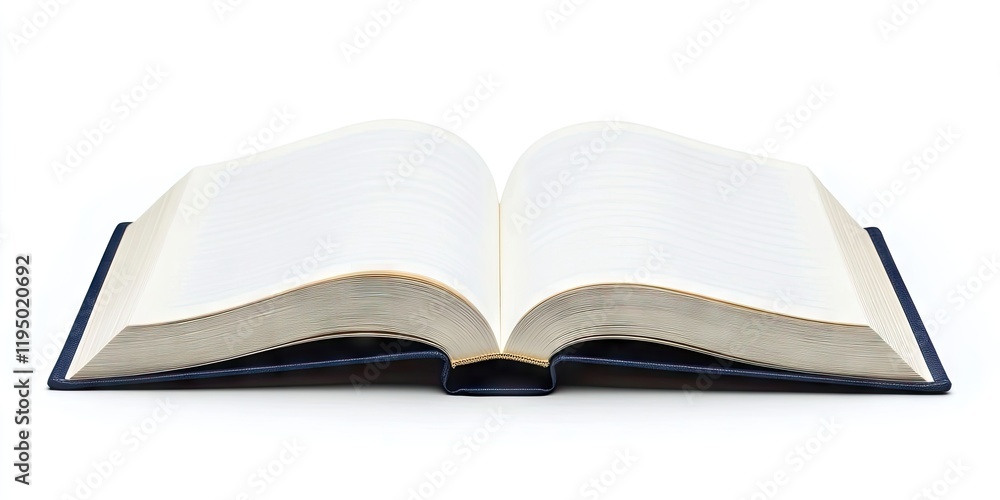 Open blank book on a white background showcasing cream pages with a dark blue cover positioned centrally with a neutral space surrounding it Open blank book on a white background showcasing cream pages with a dark blue cover positioned centrally with a neutral space surrounding it