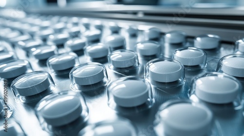 Modern tablet press machine in a sterile pharmaceutical production unit, shiny metallic details and copy space
