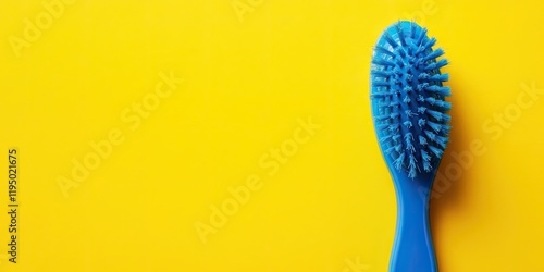 Blue bottle washing brush positioned on the left side against a vibrant yellow background showcasing clarity and smooth blur effects on the right photo