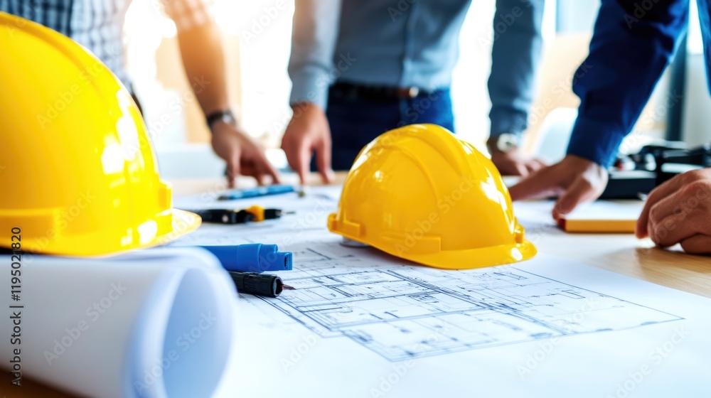 Engineers collaborating on architectural plans in modern office professional environment detailed blueprint consultation innovative design process Engineers collaborating on architectural plans in modern office professional environment detailed blueprint consultation innovative design process