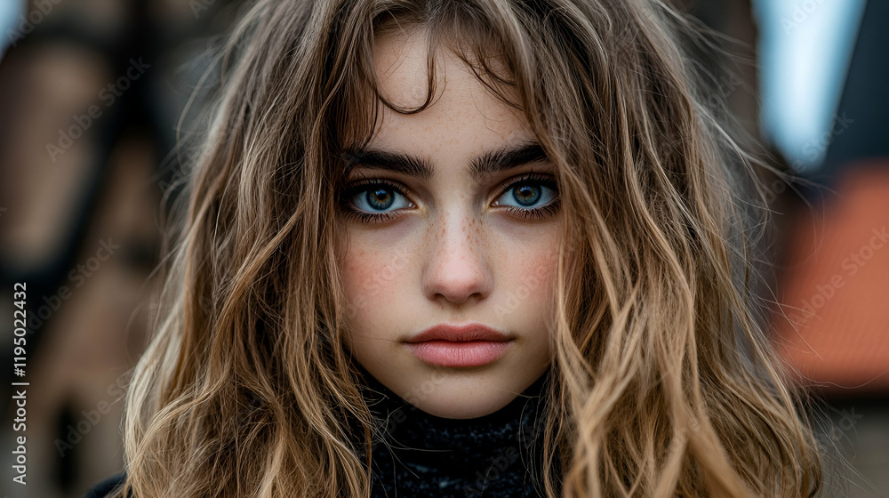 A close-up portrait of a young woman with wavy hair and striking blue eyes, set against a blurred background.